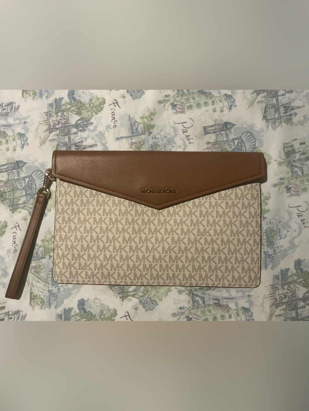 Michael Kors Beige Signature Logo Wristlet with Brown Leather Trim